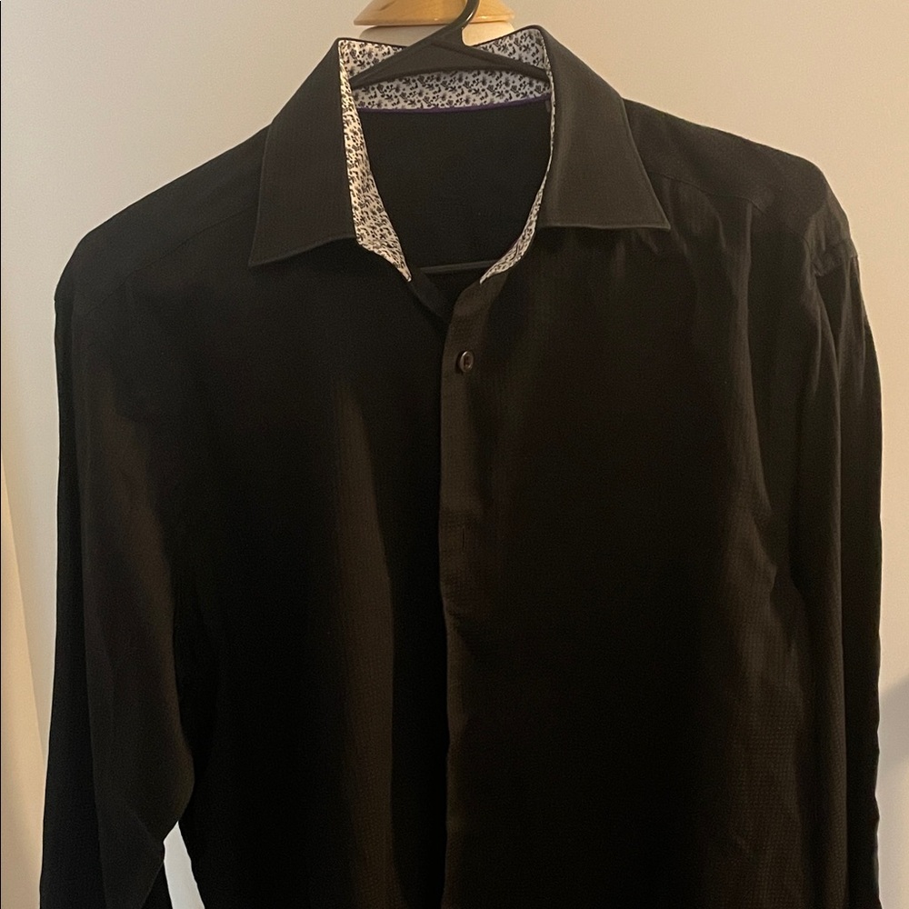 Bugatchi Black Dress Shirt with Patterned Collar